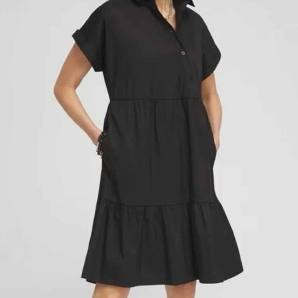 CHICO’S Poplin Diagonal Button Front Dress Black Tiered Preppy - Sz 3 (XL)